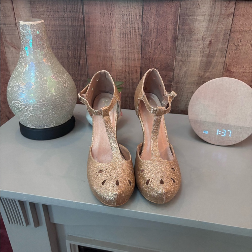Women's T-Strap Glitter Heels in Gold - Elegant Evening Shoe
